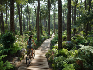 Naklejka premium Woman riding bicycle on wooden path in lush forest