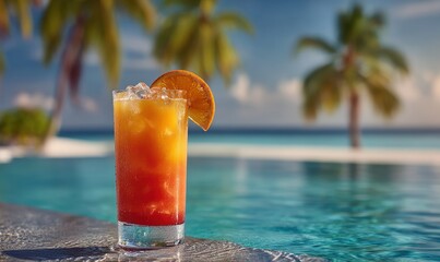 Obraz premium Refreshing cocktail by a pool, with ocean & palm trees in soft focus, orange slice