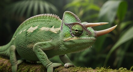 A close-up profile shot of a vibrant green Jackson's chameleon with three distinct horns, perched on a mossy branch in a lush, tropical environment.