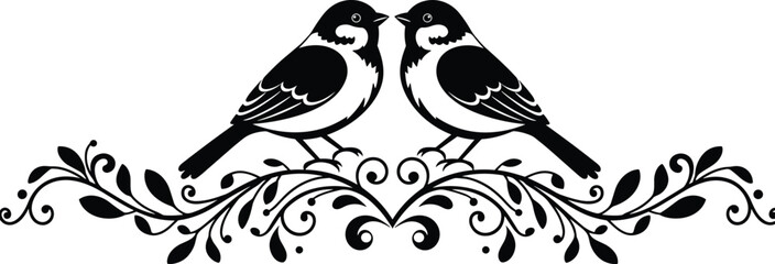 Romantic bird silhouette design, two lovebirds on floral branch, black vector illustration, decorative nature ornament, wedding clipart, vintage pattern art