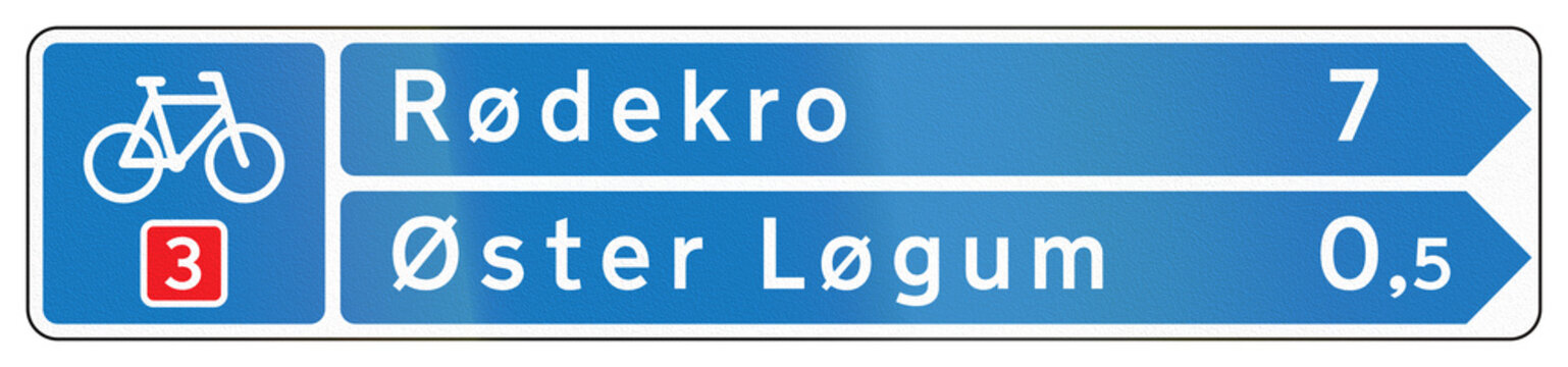Danish direction road sign - Bicycle route to Rodekro and Oster Logum