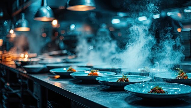 Culinary scene, steaming plates on a restaurant kitchen counter