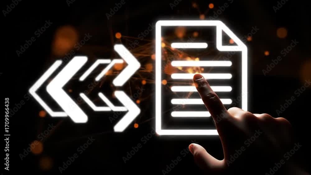 Poster file transfer interface with finger pointing in futuristic black background