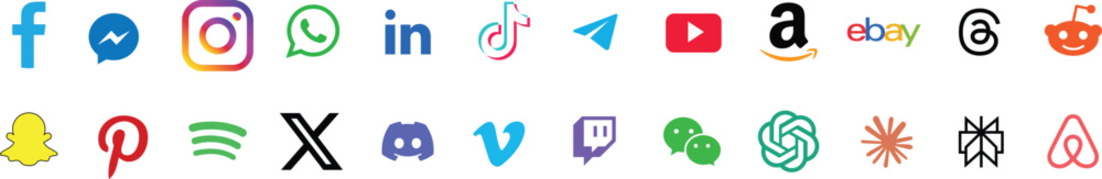 Social media icon set or logo Facebook, Amazon, eBay, Airbnb, Claude, Perplexity, ChatGPT, Twitter, X, Instagram, YouTube, Pinterest, WhatsApp, LinkedIn, TikTok, Spotify, Vimeo, Reddit vector