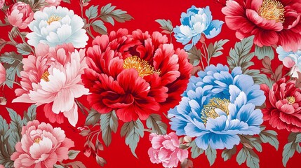 Traditional chinese peony flower pattern on red background