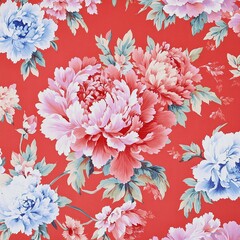 Closeup of a large pink and red peony bloom on a red floral patterned background