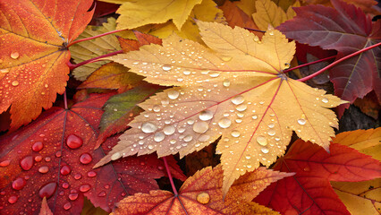 Close-up of wet autumn maple leaves in vibrant colors