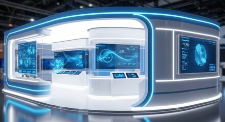 Fototapeta premium Futuristic exhibition booth, white & blue, displaying digital charts on several screens, modern design