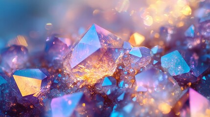 Closeup of glowing purple and blue crystals with golden sparkles