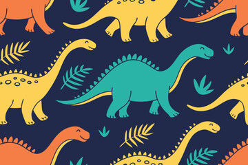 Colorful cartoon dinosaurs and plants pattern illustration
