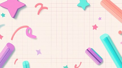 Scattered pastel confetti and shapes on a grid background