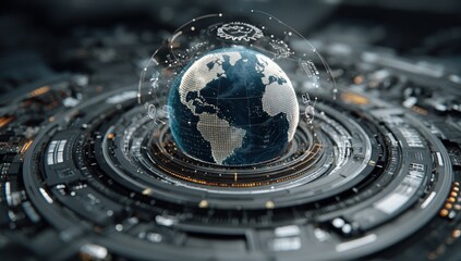 A globe floats amidst a technological interface, with gears, circuits, and data visualization elements