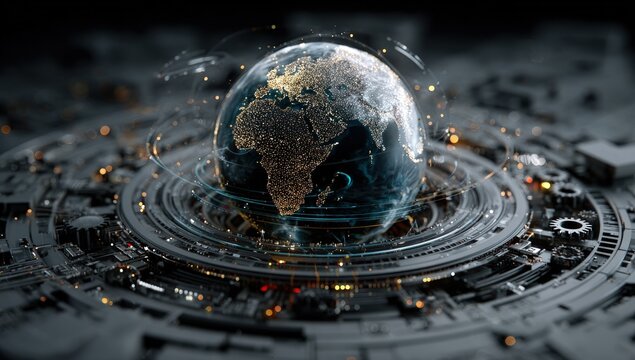 A digital Earth globe surrounded by intricate circuitry, lit with data flow indicators
