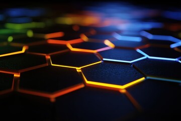 Abstract pattern of illuminated hexagonal tiles with vibrant colors and glossy surface