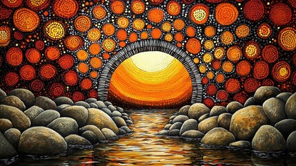 Tunnel entrance with aboriginal dot art style mosaic and river