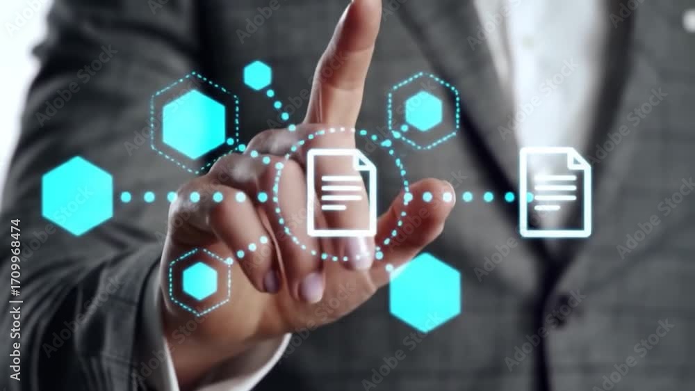 Poster hand interacting with digital document icons in front of white background
