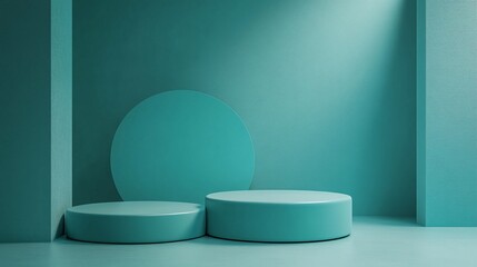 Minimalist teal podiums in a textured room with dramatic lighting