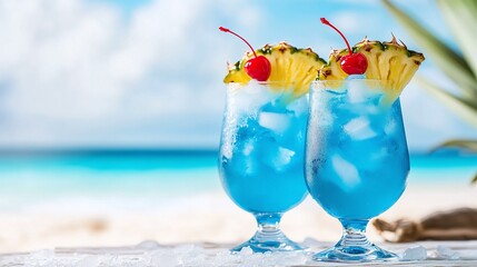 Two blue tropical cocktails with pineapple and cherry garnish