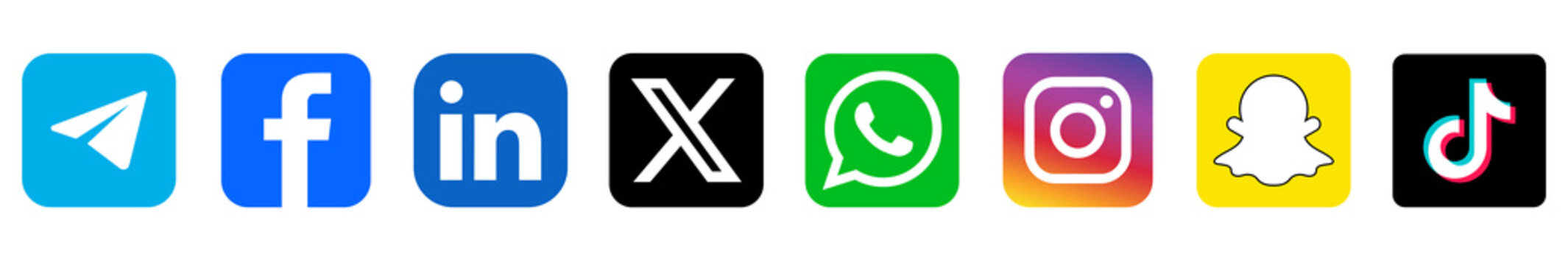 Social media icon set or social network logos like Facebook, Twitter, X, Instagram, Snapchat, Telegram, WhatsApp, LinkedIn, TikTok logo icon set, new Facebook, Twitter, X, Instagram, WhatsApp PNG