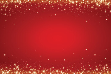 Top and bottom golden glitter lights on red background. Falling glowing particles. Sparkling magic glow frame for celebration, birthday, wedding, Christmas or New Year. Vector.