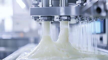 Industrial food production line dispensing creamy substance