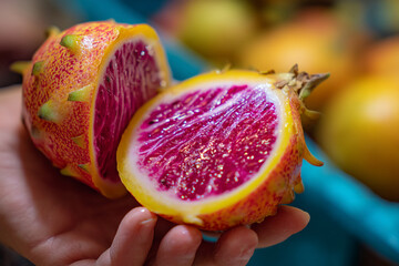 Hands carefully peeling a vibrant fruit, revealing its juicy interior, emphasizing freshness and natural goodness.