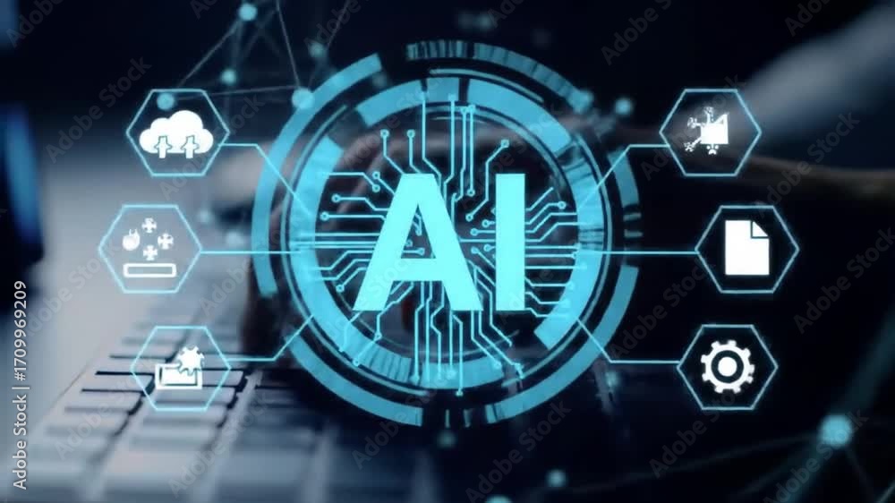 Poster hands typing on keyboard with glowing artificial intelligence graphic