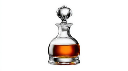 A beautifully crafted glass decanter with amber liquid, perfect for showcasing spirits or as an elegant table centerpiece, Ideal for bar menus, event promotions, or product advertisements,