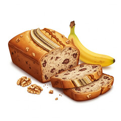 Vegan Banana Nut Bread Loaf, Homemade Breakfast Pastry on White


