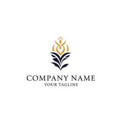 Elegant gold and navy floral logo design for a company, featuring stylized leaves and a central flourish.