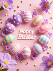 Obraz premium Photorealistic Easter scene with decorated eggs in circle around 'Happy Easter' text, pastel pink background, purple flowers, golden confetti