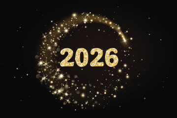 Golden glitter 2026 numbers with magic glow and sparkles on black background. Festive design for New Year calendar covers, celebration banners, or party invitations.