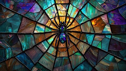 Spider web stained glass art with colorful abstract pattern