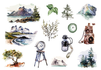 Watercolor Illustrations set Of Nature Elements Mountains Trees And Vintage Items