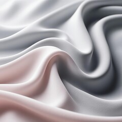 Photorealistic flowing silk fabric with soft wavy lines in low-saturation neutral tones (pale gray, off-white, light pink) and dark gray accents, featuring realistic lighting and fabric details