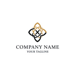 Elegant gold and black intertwined logo design featuring a central 'X' within a stylized floral motif.