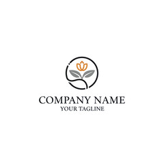 A minimalist logo design featuring a stylized orange flower bud with two dark leaves enclosed in a black circular outline, accompanied by placeholder company text.