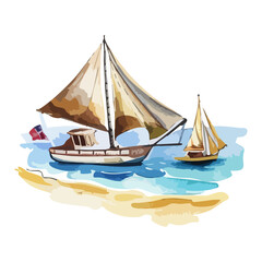 Watercolor Colorful Sailboats Gliding On Clear Blue Water With Sandy Shoreline