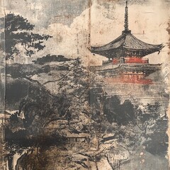 Black and white illustration of a japanese pagoda and forest