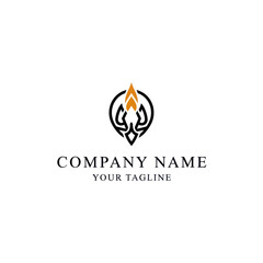 A modern and elegant logo design featuring a stylized orange flame with an ornate base inside a black location pin.