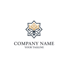 Elegant geometric logo design featuring a stylized golden floral emblem with intricate lines, set against a white background, with placeholder text for "COMP...