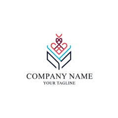 Abstract geometric logo design featuring stacked heart-like shapes in blue and red, with placeholder company name and tagline.