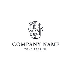 Minimalist line art logo featuring a film reel, a masquerade mask, and a musical note, representing various art forms.