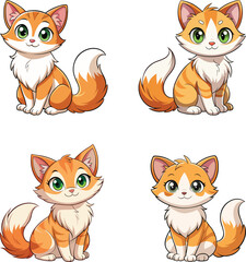 Four adorable cartoon ginger kittens with big eyes, showcasing their playful and endearing nature in a charming composition
