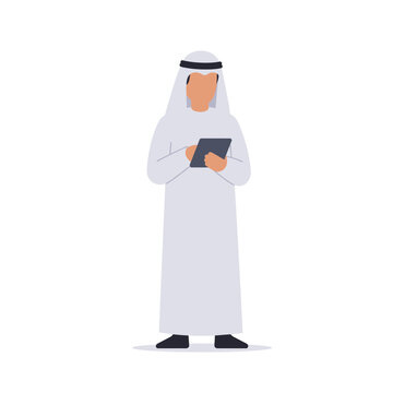 A man in traditional Arab clothing is depicted holding and using a tablet device.