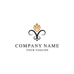 An elegant logo design featuring a golden floral emblem above black ornate swirls and placeholder text.