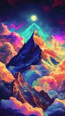 Surreal mountain peaks in vibrant clouds under a starry night sky