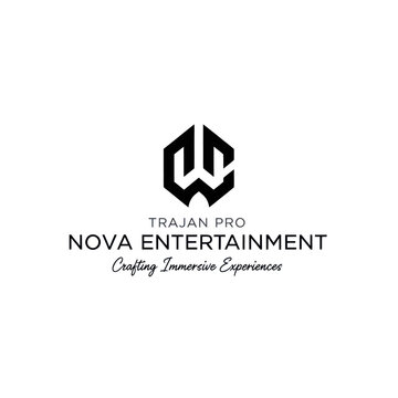 A modern, minimalist logo design featuring a stylized hexagonal emblem above company name "TRAJAN PRO NOVA ENTERTAINMENT" and tagline "Crafting Immersive Experiences".