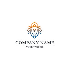 Abstract logo design featuring an intricate geometric pattern with orange and blue gradient, centered above placeholder company name and tagline.