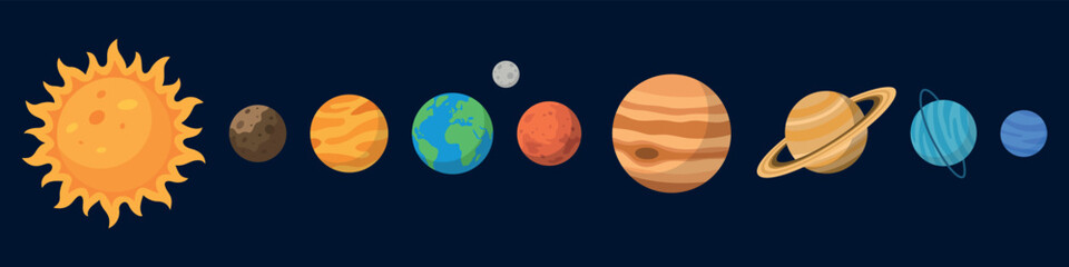 Collection of Solar System Planets and the Sun in a row. Planets in Space
